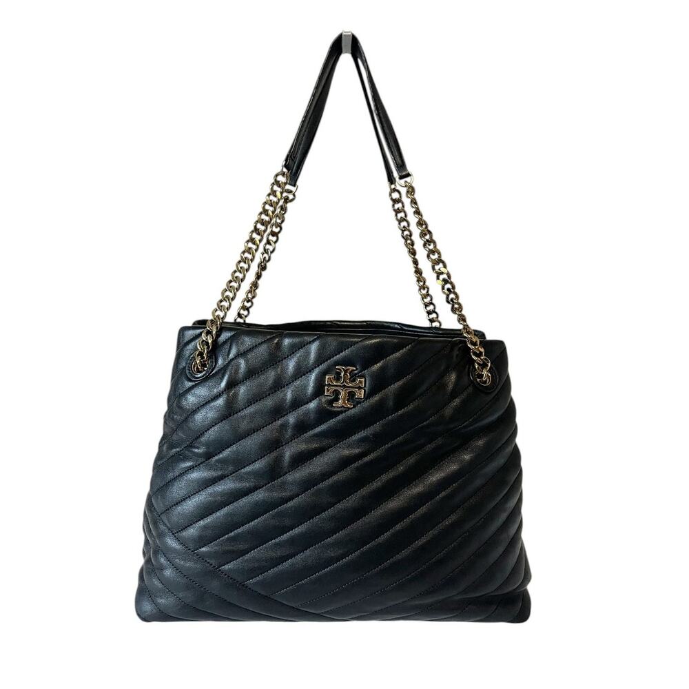 Tory Burch Kira Chevron Quilted Leather Tote Black Gold Chain Shoulder Bag